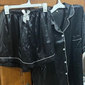 Black Satin Pajama Set with White Piping Sz.4x NWOT